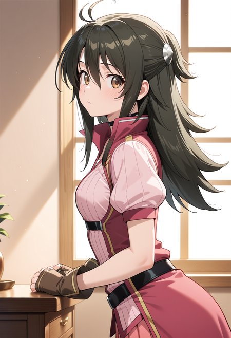 masterpiece, best quality, very aesthetic, absurdres, 1girl, solo,
<lora:adeltrud_walter_v01:0.8>, adeltrud_walter, black hair, long hair, ahoge, half updo, brown eyes, breasts,
hair ornament, choker, shirt, puffy short sleeves, fingerless gloves, belt, pink skirt, pleated skirt, from side, looking back, upper body