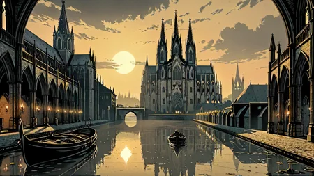fantasy romania, landscape of a wide river used by keelboats from inside of a Cologne Cathedral, Deteriorating and Striking, at Dawn, landscape art, designed by David Inshaw, tactile surfaces, <lora:HorrorAI:0.41> gothichorrorAI, theatrical, badge, ambient, dynamic composition, beautiful, ambient atmosphere, perfect background, excellent composition