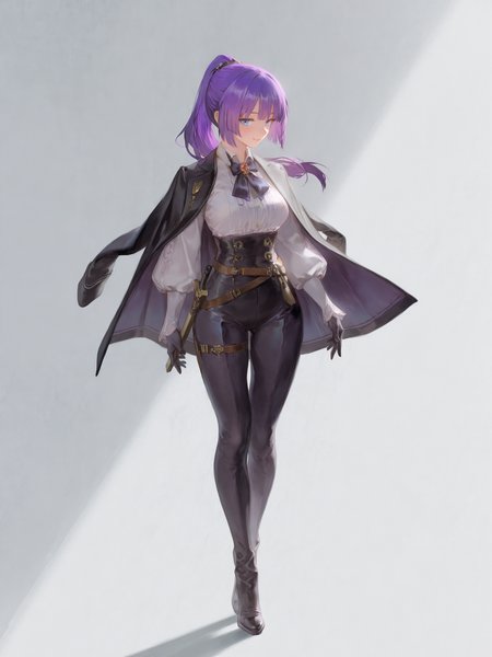 (masterpiece, best quality, very aesthetic, absurdres, highres:1.2), incredible lighting, (carcano m91/38, ponytail:1.5), (saturated purple hair, blue eyes, blunt bangs, girls frontline:1.2), <lora:illustriousXL_stabilizer_v1.7:1>, 1girl, solo, iconic scene, cinematic, full body, <lora:NOOB_vp1_detailer_by_volnovik_v1:1>, painterly style, looking at viewer, <lora:anmiXLillokrV53P1:0.3>, <lora:reikolokr_for_illustrious:0.5>, <lora:10_AESTX:0.4> aestx, brushstroke \(medium\), dynamic angle