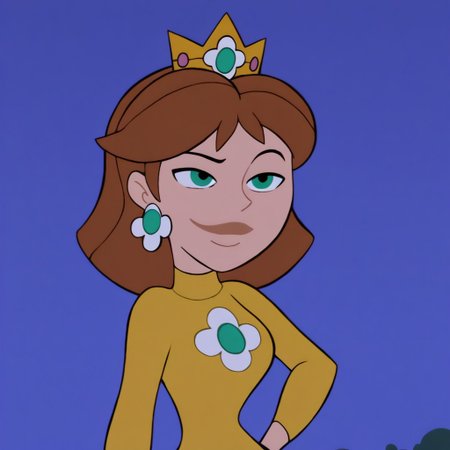 masterpiece, best quality, outdoors, night, dark, looking at viewer, closed mouth, 1girl, solo, Princess Daisy, yellow dress, crown, brown hair, cute face, smug, smile, looking at viewer, kmstyle,  <lora:Kim_Possible_Style_6c_Illustrious_aon:1>