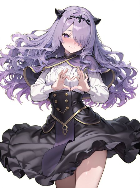 masterpiece, best quality, amazing quality, very aesthetic, absurdres, newest,shiny skin  anime screenshot,  anime coloring,   <lora:CamillaTest:1>camillanew, purple hair, long hair, hair over one eye, solo, purple eyes, wavy hair, capelet, simple background, , smile,    white background,  nose blush, small breasts, heart hands, wind lift,