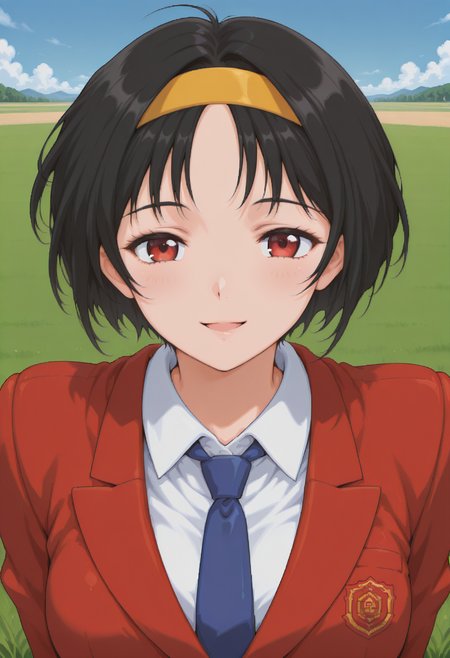 hayami_ryoko, red eyes, short hair, black hair, hairband, blue necktie, red blazer, school uniform, collared shirt, green skirt, <lora:fr_hayami_ryoko_illustrious_ver2:0.8> 
smile,, masterpiece, best quality, sensitive,, 1girl, solo, blue sky, (grasslands:1.2), looking at viewer,, (upper body:1.2), (close-up:1.2), (facing viewer:1.2), (open eyes:1.4), (portrait:1.2)