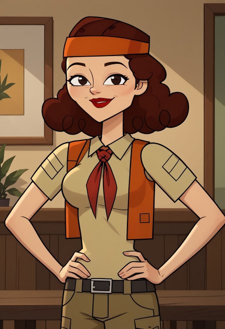 ((room background)),score_9, score_8_up, score_7_up,score_6_up, 
1girl, solo, Lill_DC, light skin, dark brown eyes, dark red hair, shoulder-length hair, fluffy curly hair, orange headband, red lipstick, green beige explorer shirt, orange open waistcoat, red neckerchief, olive-green cargo shorts, black belt, long white socks, dark brown military boots, big eyes, cute, tall stature, social smile, perfect eyes, perfect smile, looking at the viewer, detailed eyes, perfect eyes, standing, big breasts (front pose, front view, bust shot) five fingers, perfect hands, hands on hips