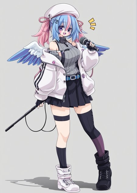 1girl, amane kanata, amane kanata (3rd costume), huge breast, monster girl, angel wings, asymmetrical legwear, belt, beret, black gloves, black skirt, black socks, blue belt, blue hair, blue ribbon, blue thighhighs, blush, boots, cable, colored inner hair, feathered wings, fingerless gloves, foreshortening, full body, gloves, grey hair, grey shirt, hair between eyes, hair ornament, hairclip, hat, holding, holding microphone stand, hood, hooded jacket, jacket, medium hair, microphone, microphone stand, miniskirt, mismatched legwear, multicolored hair, off shoulder, official alternate costume, official alternate hairstyle, open clothes, open jacket, open mouth, pink hair, pink ribbon, pleated skirt, purple eyes, ribbed shirt, ribbon, shadow, shirt, signature, single hair intake, single thighhigh, skirt, smile, socks, soles, solo, streaked hair, thighhighs, turtleneck, twintails, uneven legwear, white footwear, white headwear, white jacket, wings, <lora:éæ kinkuri:1>