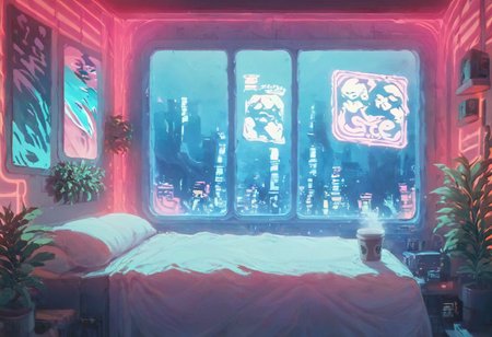 score_9,score_8_up,score_7_up,score_6_up, 
steaming coffee cup on windowsill, plants on the windowsill, wall of plants, monstera plant, large plant, tidy bedrrom, small room, cramped bedroom, teddies on the bed, cyberpunk city view out of the window, neon light, purple neon lights, posters, posters on the wall, anime posters, lewd posters, anime girls on the poster