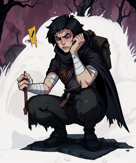 Rnway,black hair,haded face,black eyes,pixie cut,
arm bandages,torn clothes,cape,
darkest dungeon,dark forest,
solo,  squatting, 
(insanely detailed, masterpiece, best quality),
<lora:Runaway-10DDv7:0.8>,