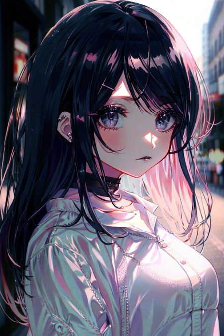 <lora:Niji:1>, girl, anime, looking at viewer, highly detailed, blurry background, depth of field, smooth, black hair, goth, black lip gloss, choker, (eyebrows_visible_through_hair:0.586)