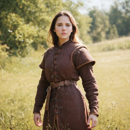 score_9, score_8_up, score_7_up, score_6_up, highly detailed, realistic lighting, fine textures, depth of field, 1 female, wearing armor, gambeson, brown armor, cloth material <lora:Gambeson_CyberPony:1>