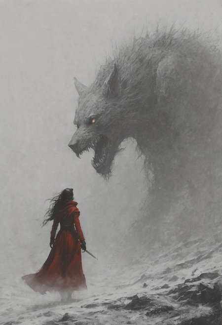 Horror-themed masterpiece, best quality, Dramatic,Dynamic,Cinematic,Sharp details, Insane quality. Insane resolution. Insane details. Masterpiece. 32k resolution.
painting by Ko Young Hoon,
front view, Little Red Riding Hood walks in the snow in winter, behind her in the distance we can see a standing (werewolf:1.3) observing her, (fog:1.3),
 <lora:add-detail-xl:1> <lora:Desolation:0.3> . Eerie, unsettling, dark, spooky, suspenseful, grim, highly detailed