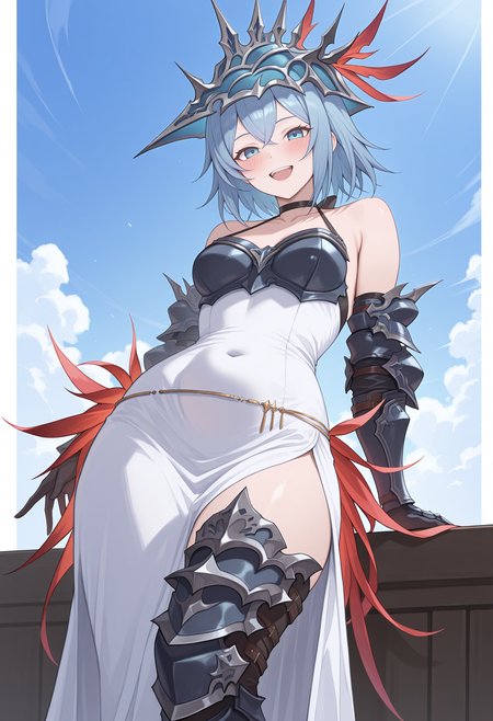 highres, best quality, masterpiece, blue sky,
1girl, solo, gbsvmars, blue hair, blue eyes,
gmrsdef, headpiece, dress, white dress, halterneck, black choker, leather armor, armor, gauntlets, gloves, jewelry, belly chain, red feathers, armored boots,
looking at viewer, blush, smile, open mouth, 
standing, arm support, from below, 
<lora:_mars_gbf-elesico-ilxlC:1>