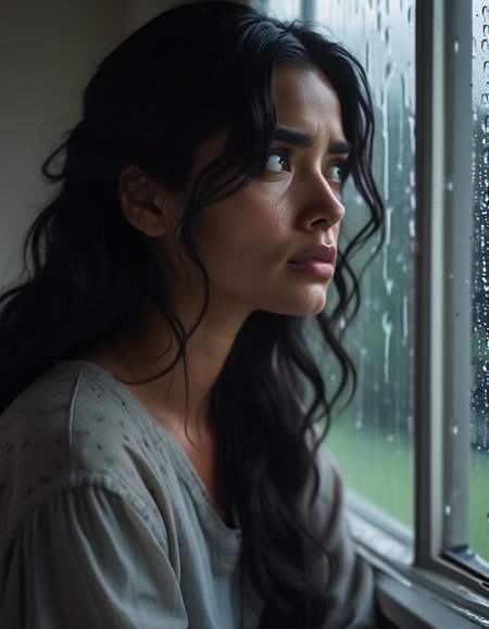 A portrait of a woman with thick, wavy black hair, her dark brown eyes reflecting a deep sadness. Sheâs sitting by a window, the rain outside creating a soft, melancholic atmosphere, her thoughts seemingly miles away. <lora:usual-portrait-v2:1>