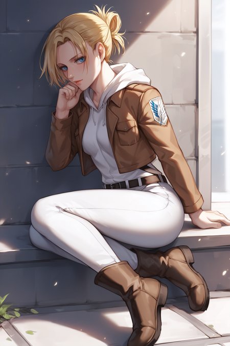 score_9, score_8_up, score_7_up, BREAK source_anime, <lora:annie leonhardt-PonyXL-lora-Faxtron:0.8> annie leonhardt, single hair bun, white hoodie, open cropped brown jacket, white pants, survey corps \(emblem\), boots,