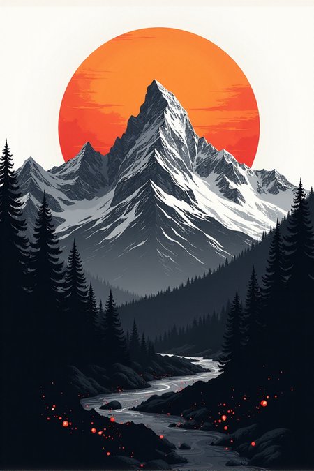 A pixel art abstract graphic illustration, black and white, of a mountain landscape with a brilliant orange sunset. gl1tchc0re d1eselc0re<lora:General Flux\darkdescent-pixel-art.safetensors:0.9:1.0> <lora:Promptcore Flux\Glitchcore.safetensors:0.5:1.0>âââ