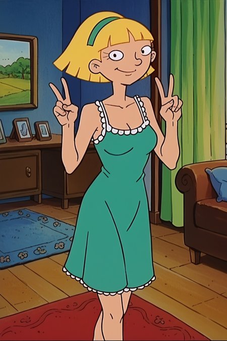 score_9_up,score_8_up,score_7_up,score_6_up,score_5_up,score_4_up BREAK olga pataki,1girl,solo,retro artstyle,blonde hair,black eyes,short hair,blunt bangs,aqua nightgown, frills, green hairband, sleeveless,indoors, carpet, curtains,smile,cowboy shot,looking at viewer, long dress,peace sign   <lora:OlgaPony:1>