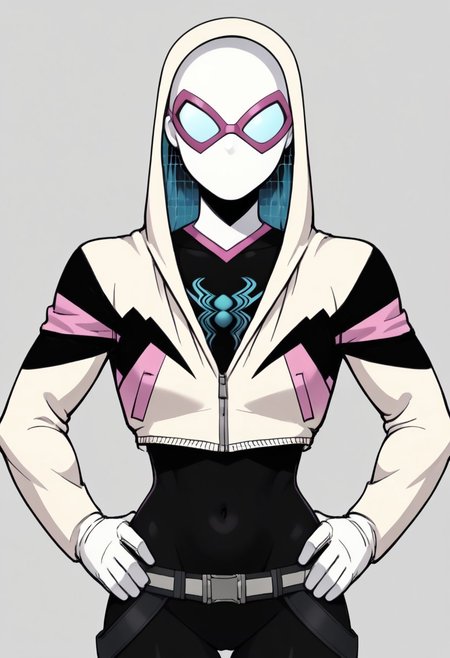 white background, 2d, 1girl, solo, masterpiece, best quality, extreme detail, hourglass figure, wide hips, round boobs, medium breasts, narrow waist, mature female, 1girl, solo, Marvel, Spider-Gwen, white hoodie, cropped hoodie, mask, white mask, black bodysuit, bodysuit, white gloves, utility belt, web print, pink trim, blue accents, covered face, no pupils, hood up, no mouth, covered navel,
upper body, close up, hands on hips, front view, looking at viewer,