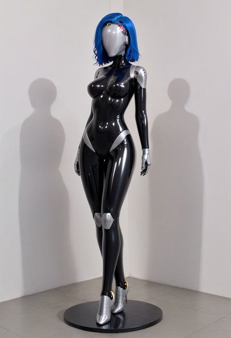 solo, A 35mm full length photo of  a beautiful 20 year old woman, she is a humanoid robot , robotic body, freckles, smooth featureless silver grey robotic skin, robotic aerials, metallic dark blue hair, elegant black latex bodysuit with white trim
TheFaceLess, mannequin, faceless, egghead