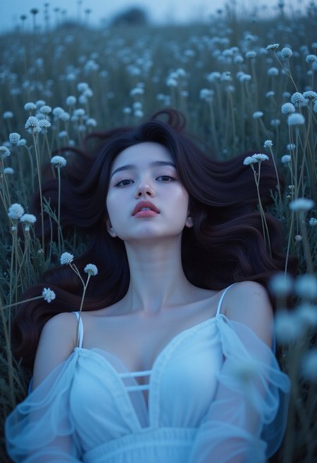 NSFW, (Soft Lighting Photography by Mimoza Veliu and Mario Giacomelli:1.2), A young woman lies in a field of wildflowers, creating a dreamy, surreal atmosphere. The overall color is a mixture of soft light blue and purple, creating a tranquil, ethereal atmosphere. , sexy