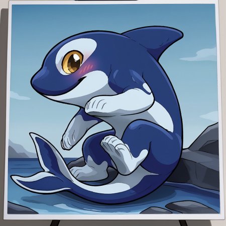 Orcane, orca, rivals of aether, water creature, yellow eyes, fin, watery, liquidize, bluish and white color body, cute look, yistyle, watercolor, painting, no blur, vector art, male, feral, solo, looking at viewer, sitting, cute pose, kind, close mouth. underwear, white briefs, wearing underwear, blushing