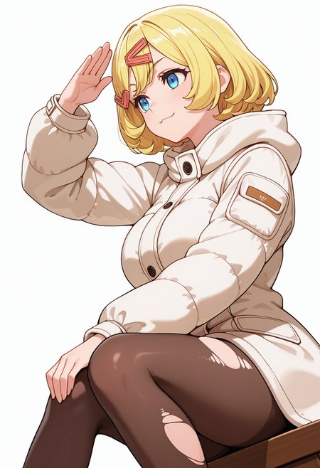 Smooth Quality,masterpiece,very intricate, high quality details, ultra realistic, high detailed skin,detailed enviorement,absurdres,
salute,solo,
 <lora:Esyne_CNR:0.8> esyne_cnr, blue eyes, blonde hair, short hair,large breasts, hair ornament, hairclip,, simple background, white background, dutch angle,
sitting, legs spread, hands on knees, serious face, upright posture,  ,, :3,, puffer jacket,  ,duffle coat,  ,torn pantyhose,  ,