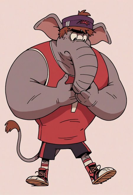 (score_9 | score_8_up | score_7_up)
((masterpiece:1))(best quality,very high quality,ultra detailed:1.2)
(2D,cartoon style,anime style)(Smooth:2)(clean blurring)
(four fingers on each hand,one thumb on each hand:1), Abu elephant, solo, brown hair, grey skin, black eyes, trunk, trunk nose, elephant trunk, elephant ears, monkey tail, purple vest, red and purple hat, alien, muscular, +++three eyes, extra eye, grey skin color, full body
