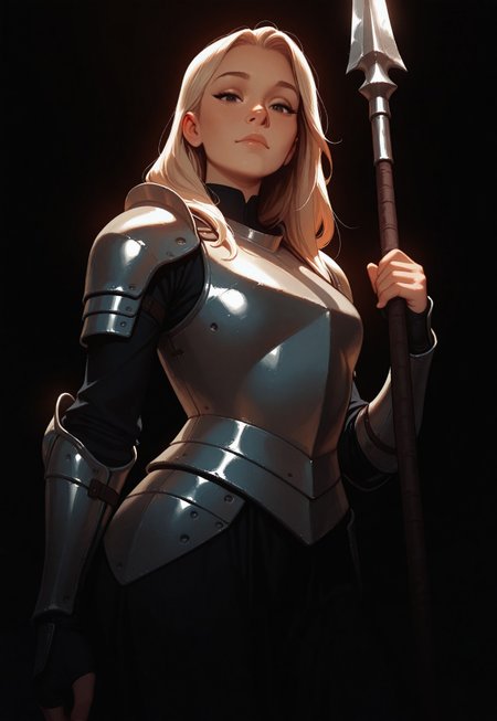 HDR, 8K, high contrast, masterpiece, best quality, amazing quality, very aesthetic, realistic, newest, volumetric lighting, (flat colors:1), ((black background)), (incase:0.3), (tsuaii:0.3),
1girl, solo, weapon, polearm, spear, holding, holding weapon, steel armor, aged up, adult, close up, dynamic angle, looking at viewer