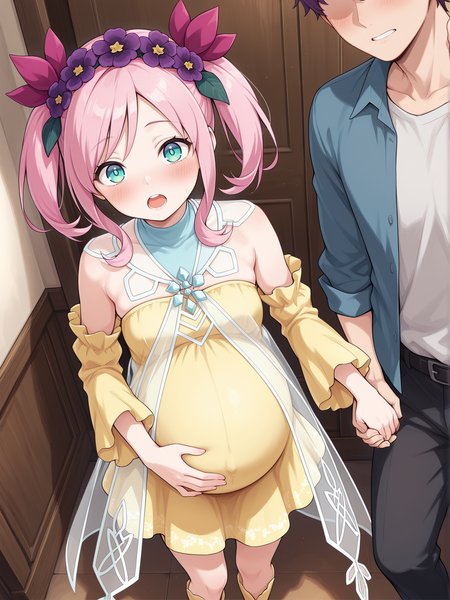 1girl,rikka queen strenna,solo,open mouth,looking at viewer,teeth,blush,sidelocks,standing,purple hair flower,see-through cape,yellow detached sleeves,yellow strapless dress,yellow boots,indoors,pregnant,1boy,faceless male,hand on own stomach,holding hands,
masterpiece,best quality,amazing quality,very aesthetic,absurdres,newest,<lora:Rikka Queen Strenna illusXL v1.1:0.7>,