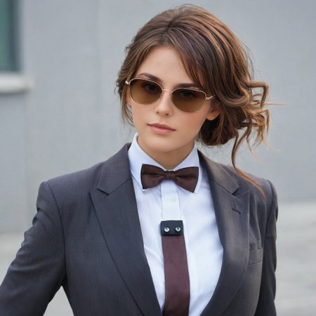 masterpiece, best_quality, 1girl, solo, <lora:k'ra v6.0 XL:0.8>, k'ra, grey eyes, brown hair, suit, bowtie, sunglasses in hair, score_9, score_7_up, source_anime, ntm,