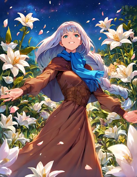 <lora:pony_xl_Lenneth:0.9>,Lenneth,score_9,score_8_up,score_7_up,source_anime,1girl,solo,brown dress,long dress,long sleeves,blue scarf,fringe trim,capelet,nature,flower field,Lily of the valley,petals,cowboy_shot,from_below,night,starry_sky,smile,kind_smile,dance,outstretched_arms,