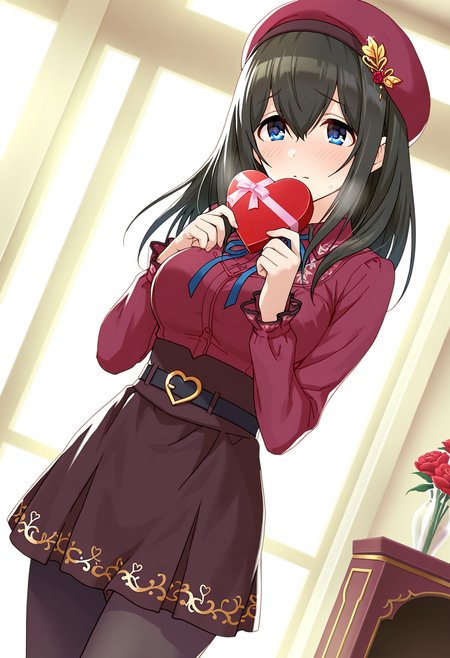 masterpiece, best quality, absurdres, highres,
idolmaster cinderella girls starlight stage, official art,
valentine,
sagisawa fumika, blue eyes, black hair, long hair, large breasts,
1girl, solo, blush, shy,
<lora:erisu barenntainn IL v1:0.6>,
red beret, hat ornament,
neck ribbon,
red collared shirt, long sleeves,
black belt,
brown skirt,
black pantyhose,
gold trim,
heart-shaped box, 
indoors, red flower,
dutch angle,