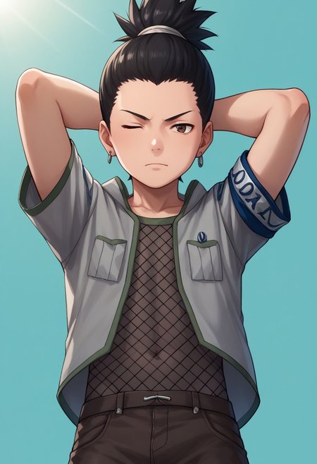 score_9, score_8_up, score_7_up, highly detailed, cute boy, 1boy, solo, young, Shikamaru_Nara, Brown Eyes, Black Hair, Ponytail, Earrings, Grey Jacket, Armband, Fishnet Shirt, Brown Pants, Arms behind head, upper body, one eye closed, from below, looking down, looking at viewer