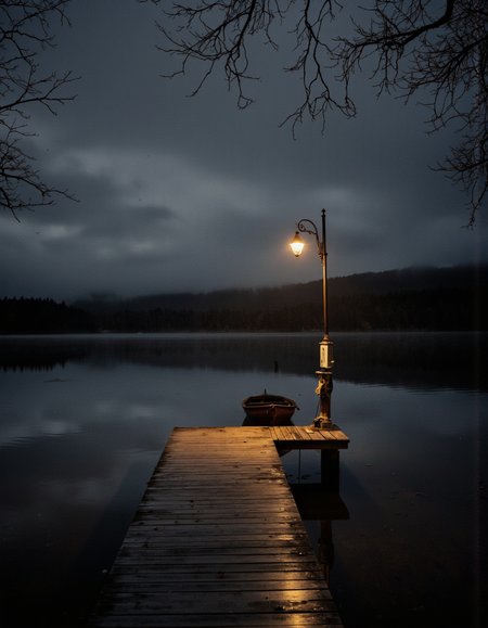 Art by Brooke Shaden. A photo-realistic shoot from the side about a wooden pier and a small wooden boat on a calm lake at night, illuminated by a streetlamp on the right side of the image. the scene is peaceful and serene, with the calm water reflecting the dark, cloudy sky and misty forest in the background. the wooden pier stretches out into the distance, with a single wooden boat docked at the end, casting a warm glow on the water's surface. on the other end of the pier, there is a tall, old-fashioned lamp post with a lantern casting a golden light, creating a serene atmosphere. the overall mood is one of tranquility and serenity. the lighting is soft and diffused, casting gentle shadows across the water and creating a sense of depth and dimensionality, making the scene feel almost lifelike.