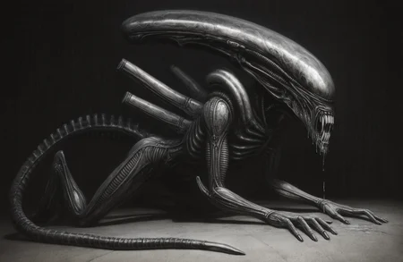best quality, highres, absurd, (traditional media, 3d, inked:0.6), 1other, monster, tail, alien xenomorph, teeth, drool,  artist: h.r. giger , horror \(theme\), shadow, hdr, uncensored, liminal space,  <lora:HR Giger Illustrious 0.1-step00000630:0.7>
