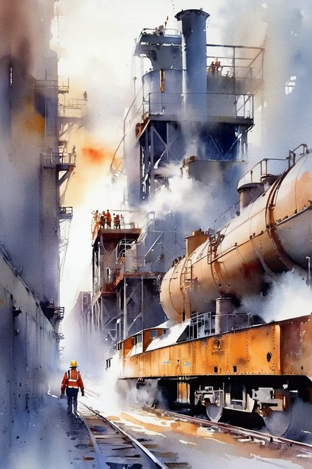 (Watercolor (Watercolor Masterpieces by Thomas Schaller:1.4)) Watercolor style painting,large coal mine factory scene,huge factory,pipes,chimneys,steam freight train coming out of the factory area,crowds,construction vehicles,morning light,details,atmosphere,epic,concept art,fog,pop art station,super details,surrealism,visible paper texture,watercolor,wash,watercolor painting,watercolor,<lora:Watercolor _sdxl:0.7>, Watercolor style,