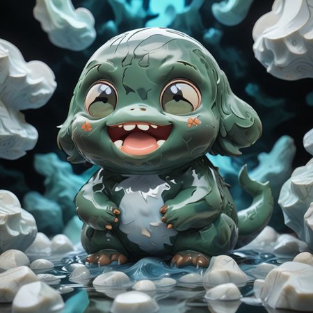 pokemon, chibistyle, made out of liquid marble, shinny, casting shadows and nice reflection, round body, opened eyes, crystal green pupils, glass like pupils, open mouth smile