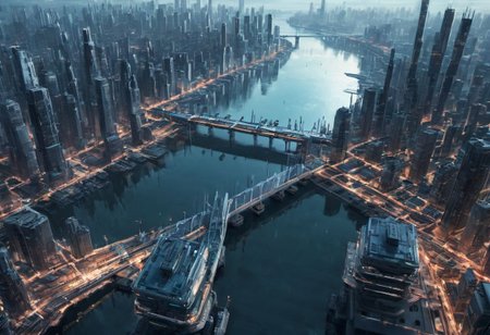 masterpiece, best quality, CITYSCAPE, river, docks, bridge, FUTURISTIC, BREATHTAKING, CYBERPUNK, (BIRD VIEW:1.5)