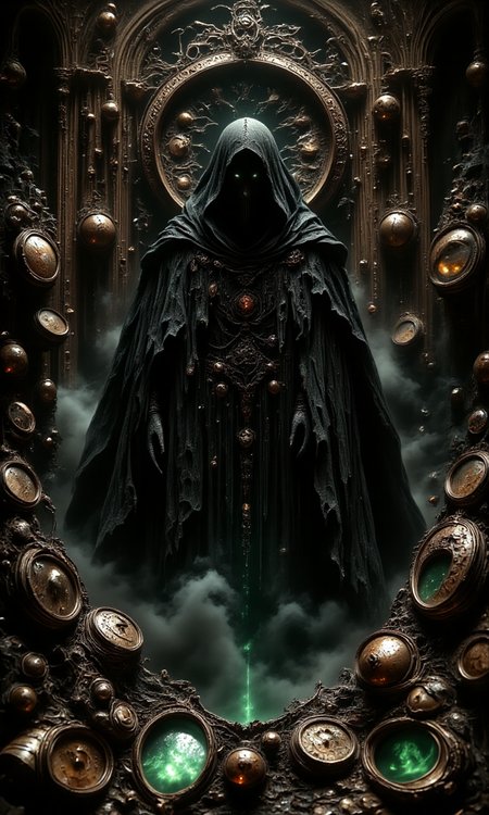 The figure of Death is dressed in a black traditional uniform hooded cloak and holds a large staff. She sits on a large clock similar to the dial of an antique wall clock, which shows 12 o'clock. There are many other clocks around. The figure of Death is depicted in a dark and sinister way, creating an atmosphere of mystery and the inevitability of time. The clock is suspended vertically, and the pendulum swings downward, creating a sense of movement and the passage of time. The overall style of the image is simplicity and contrast, using an emerald-ochre palette to emphasize the drama of the scene.<lora:flux1-D\flux.1_lora_flyway_Epic-Characters_v1.safetensors:0.85:0.85> <lora:flux1-D\FantasyWizardWitchesFlux:1.0> <lora:flux1-D\FluxGhost-000001:1.0> <lora:flux1-D\Monochrome_Monsters_Flux.safetensors:0.8:1.0> <lora:flux1-D\detailed_v2_flux_ntc.safetensors:0.7000000000000001:1.0>