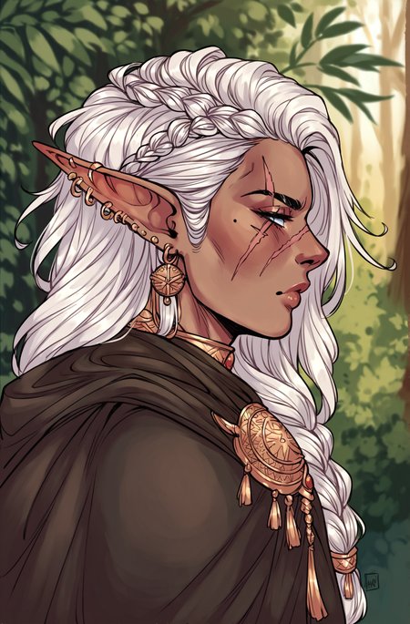 score_9,score_8_up,score_7_up,score_6_up,score_5_up,score_4_up rating_explicit,nsfw, 1girl,solo,long hair,jewelry,upper body,braid,white hair,earrings,outdoors,pointy ears,dark skin,cape,from side,tree,lips,profile,scar,elf,nature,scar on face,forest,scar across eye <lora:dskart_ponyxl:0.8> Duskfallcrew Art Style
