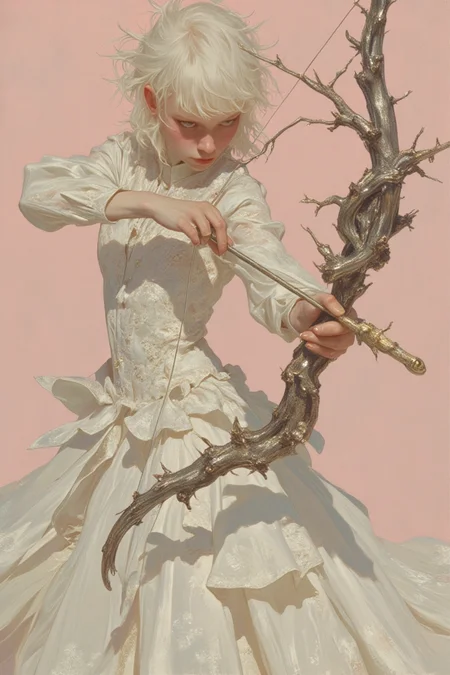 A high-resolution, artistic photograph capturing a woman in an elaborate avant-garde outfit, posed dynamically in an archer-like stance against a soft, textured pale pink background. She holds a magnificent, ornate bow crafted from interwoven metal branches, its intricate, organic design evoking the appearance of an abstract, natural tree. The bow’s metallic sheen contrasts beautifully with the softness of her attire, drawing the viewer’s attention to its unique craftsmanship.

The woman wears a long, flowing white gown that combines lace and fabric, creating a textured, sculptural effect. The gown is form-fitting at the top, featuring long sleeves that enhance its elegant silhouette, and transitions into a voluminous, ethereal train that cascades to the ground, adding movement and drama to the composition. Her hair is styled in a dramatic, tousled fashion, complementing the expressive nature of the image. 

Her intense, focused expression underscores the strength and determination conveyed by her poised stance, making her appear both powerful and otherworldly. The diffused lighting highlights the intricate textures of the gown and the bow, enhancing the photograph's fantastical and artistic essence. This highly stylized composition masterfully blends elements of fashion, fantasy, and fine art, creating a visually striking and imaginative tableau.
