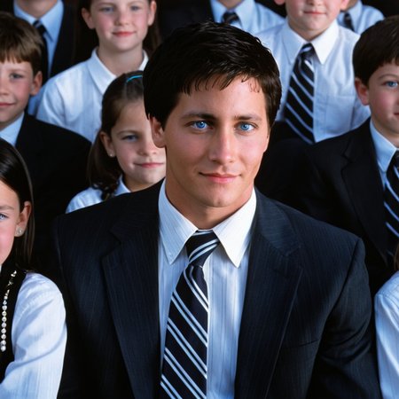 <lora:add-detail-xl:1>
<lora:detailed:0.3>
<lora:perfection style:0.3>
<lora:xl_more_art-full_v1:0.3>
 <lora:Donnie Darko film style:1>
mom and dad a man and woman sitting in front of a crowd,1girl,looking at viewer,smile,short hair,blue eyes,multiple girls,shirt,black hair,jewelry,jacket,white shirt,multiple boys,necktie,striped,collared shirt,lips,formal,ring,suit,black necktie,6+boys,head rest,realistic,bald,striped necktie , cinematic, film, Donnie Darko film style