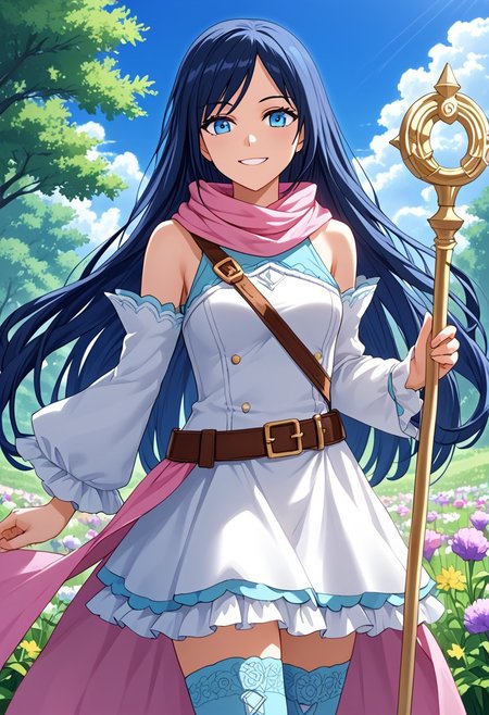 score_9,score_8_up,score_7_up,source_anime,5_figner,2d_animation,game cg,BREAK,1girl,solo,Yae,Lufia,blue eyes,white dress,bare shoulders,very long hair,dark blue hair,detached sleeves,belt,pink scarf,staff,zettai ryouiki,light blue thighhighs,
middle breast,cowboy short,looking at viewer,front view,smile,
flower meadow,outdoor,
masterpiece,best qualit,ultra-detailed,illustration,an extremely delicate and beautiful,beautiful detailed eyes,unity 8k wallpaper,high resolution,anime CG,official_art,