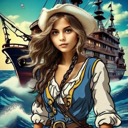 cartophoto beautiful girl pirate in the background of the sea and ship, very detailed<lora:cartophoto:1>