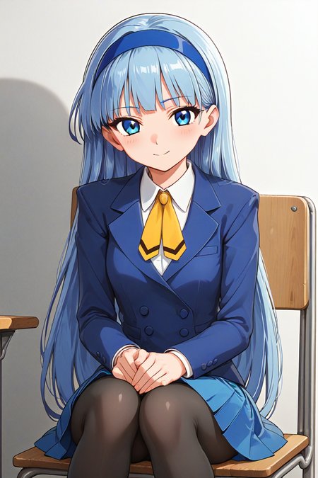 score_9,score_8_up,score_7_up,source_anime,masterpiece,best quality,highres,
BREAK 1girl,solo,cowboy shot,sitting on chair,symmetry,hands on legs,school chair,
BREAK <lora:dmd2_sdxl_4step_lora_fp16>,
BREAK <lora:MKR_UMI_SU_PONY_V2:1>,Ryuuzaki_Umi,blue hair,very long hair,blunt bangs,blue eyes,MKR_UMI_SU,blue hairband,blue blazer,white collared shirt,yellow ascot,blue pleated skirt,black_pantyhose,