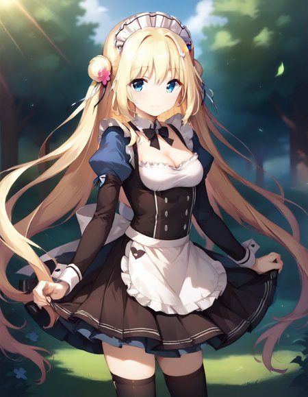 score_9,score_8_up,score_7_up,score_6_up BREAK official art,solo,outdoors,smile,cowboy shot,looking at viewer,facing viewer,Komari Yui,maid headdress,blonde hair,very long hair,double bun,hair flower,hair ornament,frills,sidelocks,bangs,blue eyes,maid,black bow,puffy detached sleeves,long sleeves,cleavage,small breasts,skirt,zettai ryouiki,black thighhighs,loafers,<lora:Komari Yui(ksak)-Pony:1.2>,<lora:Smooth Anime Style LoRA XL:0.8>,