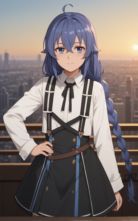 score_9, score_8_up, score_7_up, BREAK
Shirt_RoxyMigurdia_ownwaifu, 
1girl, blue eyes, blue hair, roxy migurdia, hair between eyes, braid, long hair, twin braids, crossed bangs, bangs, long sleeves, white shirt, collared shirt, dress, white capelet, white dress, capelet, shirt, black ribbon, black skirt, suspenders, long braid, neck ribbon, sidelocks,
(contrapposto, hand on hip), sunset, sidelighting, cityscape, vanishing point, outdoors, <lora:PONYXL_MushokuTensei_RoxyMigurdia_ownwaifu:1> , depth of field, solo,