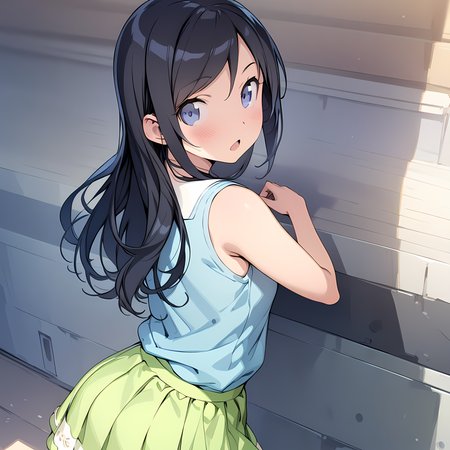 (masterpiece),(best quality),(ultra-detailed),(best illustration),(best shadow),(absurdres),(detailed background),(very aesthetic), ayase aragaki, 1girl, long hair, solo, black hair, open mouth, skirt, looking back, blue eyes, blush, looking at viewer<lora:Ayase_Aragaki_-_Oreimo:1>
