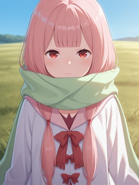 <lora:Carmilla Illu:1>1girl, solo,
carm1lla, pink hair, red eyes, long hair, low twintails, blunt bangs, fringe trim
c4rmdef, long green scarf, white coat, red dress, dress under coat, long sleeves, red bows, 
standing, upper body, 
outdoors, grass, blue sky, depth of field, 
straight-on,, masterpiece, best quality, amazing quality