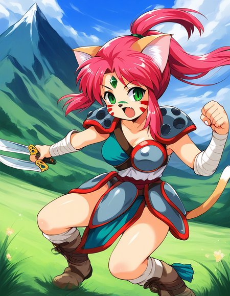 score_9, score_8_up, score_7_up, source_anime, rating_explicit, BREAK  <lora:Ryuquir_XL:1> Ryuquir, animal ears, tail, cat ears, facial mark, cat tail, green eyes, ponytail, red hair, long hair, pink hair, cat girl, breasts, forehead jewel, green jewel,
mountain, sky, fight, fighting pause, open mouth,ãnose tape,
 shoulder armor, solo, weapon, armor,  furry,  grass, dagger, boots, looking at viewer, outdoors, fingernails,  shoulder pads,