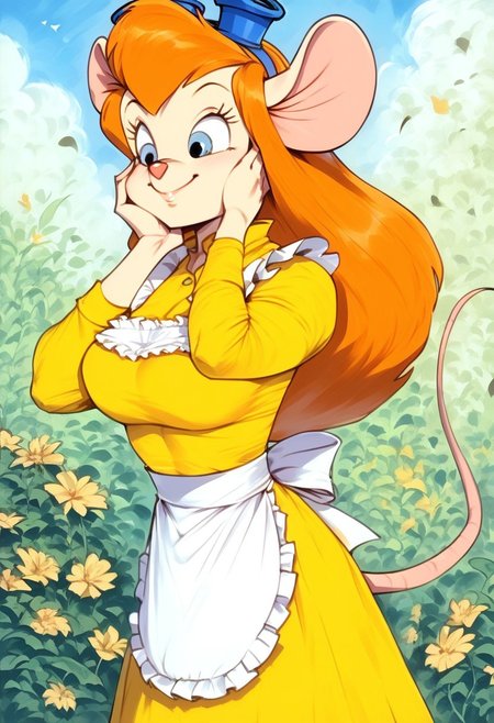 score_9, score_8_up, score_7_up,    
, masterpiece, beautiful,
1girl, solo, gadget, mouse tail, ginger hair, long sleeves, dress, apron, white apron,  yellow dress, large breast, one hand on cheek, happy, smile, closed mouth,  <lora:Art_Style_of_Pandoras_Box:1> as_pbx, graphite_(medium), traditional_media,