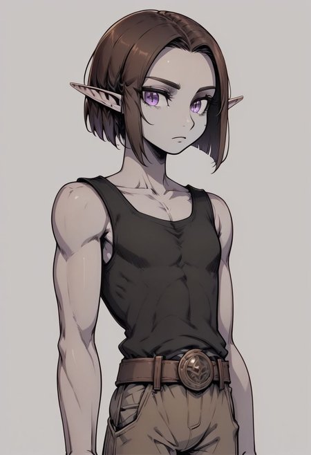 Lapanya, 1 person, solo, pointy ears, ((snout nose)), flat chest, olive-tone skin, tall, square jaw, violet irises, dark brown hair, athletic build, black sleeveless tunic, brown breeches, belt, ((straight bob haircut parted in the middle, bare forehead, smooth cavern background,  
Lineart, clean lines, up close, upper body focus, highly detailed face, high quality, best quality,  score: 9, score: 8 up, rating: safe