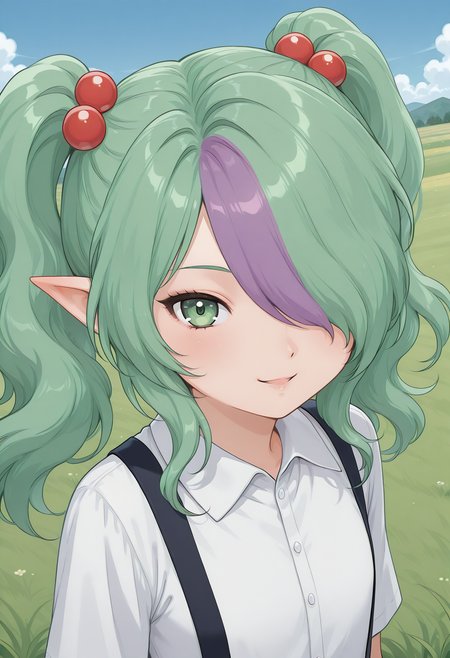 miiko, pointy ears, green eyes, multicolored hair, two-tone hair, green hair, purple hair, hair over one eye, twintails, hair bobbles, collared shirt, suspenders,  flat chest, <lora:misery_revisited_illustrious_ver1:0.8> 
smile,, masterpiece, best quality, sensitive,, 1girl, solo, blue sky, (grasslands:1.2), looking at viewer,, (upper body:1.2), (close-up:1.2), (facing viewer:1.2), (open eyes:1.4), (portrait:1.2)
